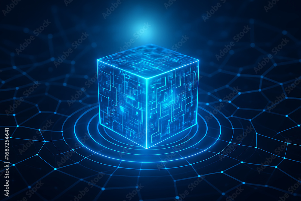 Aufkleber a glowing neon blue cube is at the center of a futuristic digital network, with a web of interconnec