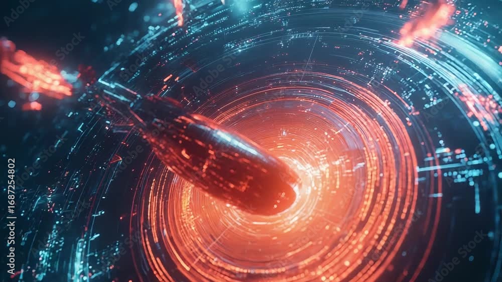 Poster futuristic spaceship entering wormhole with light trails and digital data stream