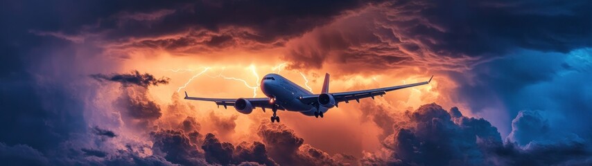 Airplane Flying Through Dramatic Stormy Clouds with Lightning