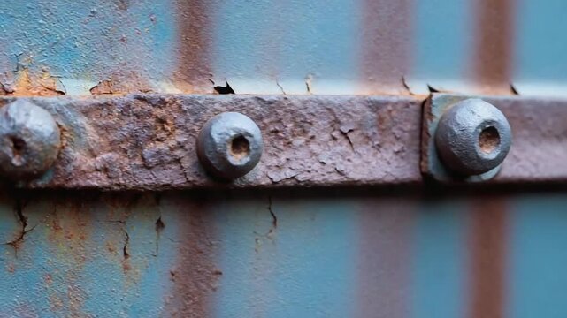 Rusty blue metal surface with peeling paint, a rusted hinge and bolts, and orange streaks of rust.