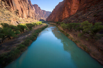 Turquoise river flows through vast red rock canyon with green trees image