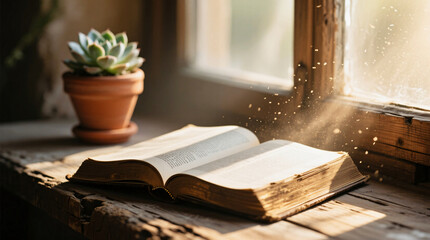 Serene Bible on Sunlit Windowsill, 8K Hyper-Realistic  for Magazine & Editorial Use
