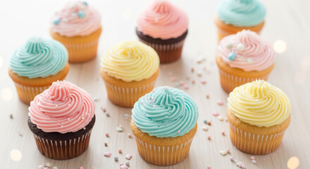 Delightful pastel frosted cupcakes arranged on a light wooden surface, perfect for celebrations