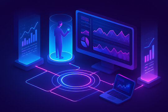 A male person in a cylinder is interacting with a virtual digital display surrounded by various geometric shapes and data charts, with a laptop and a computer monitor - Powered by Adobe
