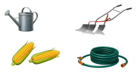 FARMING - Watering can, garden hoe, corn cobs, and garden hose isolated on white background, farming and gardening tools and supplies, perfect for agricultural projects