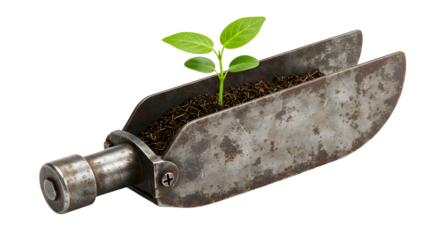 FARMING - Small green plant growing in soil inside an old metal garden trowel isolated on white background, symbolizing gardening and growth