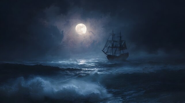 A majestic vintage tall ship sails through a turbulent foggy ocean under a bright full moon on a dramatic dark night
