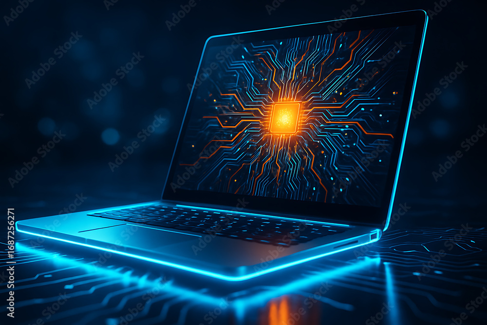 Poster a sleek laptop with a glowing computer chip on the screen and a futuristic circuit board design is s