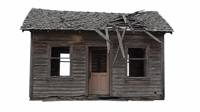 Derelict Wooden House Isolated on White - An old, abandoned wooden house with a collapsed roof is shown isolated on a white background.