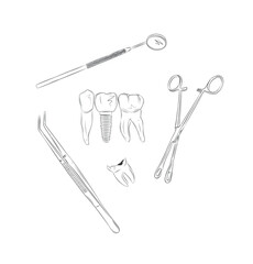 Tooth healthy, with caries, implant and dental treatment tools drawing in graphic style with black on white background