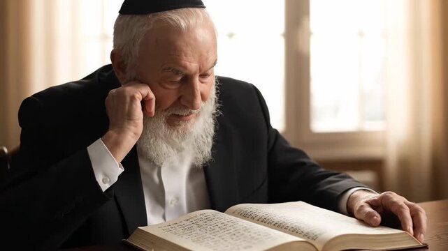Elderly Rabbi Reading Torah - A photorealistic video of an elderly rabbi with a long white beard, wearing a kippah, sits at a table and reads from an open Torah scroll.