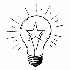 Illustration of a lightbulb with a star inside and radiating lines on a white background image