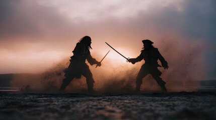 Two pirates in a dramatic sword fight on a beach at dawn with sand and dust flying