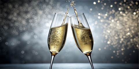 Two elegant champagne glasses are clinking together, filled with sparkling bubbly drink. This joyful toast symbolizes celebration, happiness, and special moments shared during festivities