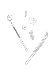Dental care with dentist machine and tooth canal treatment elements mirror and tweezers drawing with black on white background