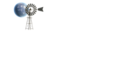 FARMING - Surreal image of a windmill seemingly turning the Earth like a wind turbine against a black background, symbolizing renewable energy and environmental concepts