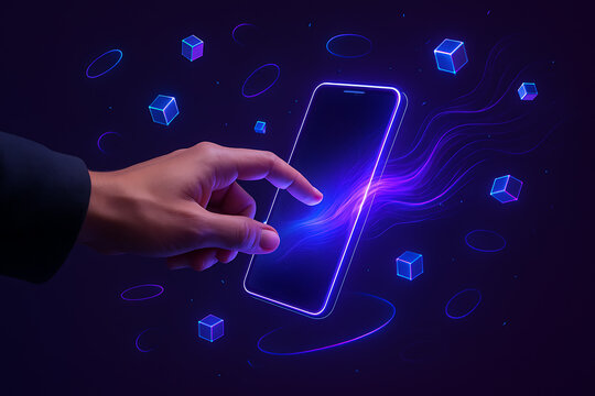 A person's hand is reaching out to a glowing futuristic phone screen with a beautiful purple and blue flowing light, surrounded by abstract geometric shapes and circles