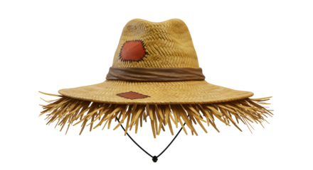 FARMING - Traditional straw scarecrow hat with leather patch and chin strap isolated on white background, perfect for autumn and harvest themes