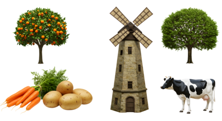 FARMING - Winery windmill with fruits, vegetables, cow, orange tree and apple tree isolated on white background, rural farm nature set