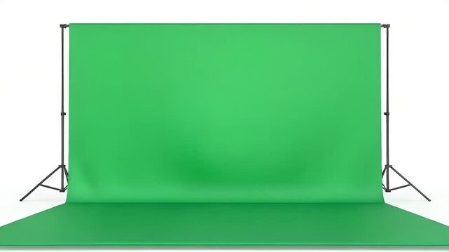 Professional Studio Green Screen Backdrop on Stands Isolated on White for Chromakey and VFX Production.
