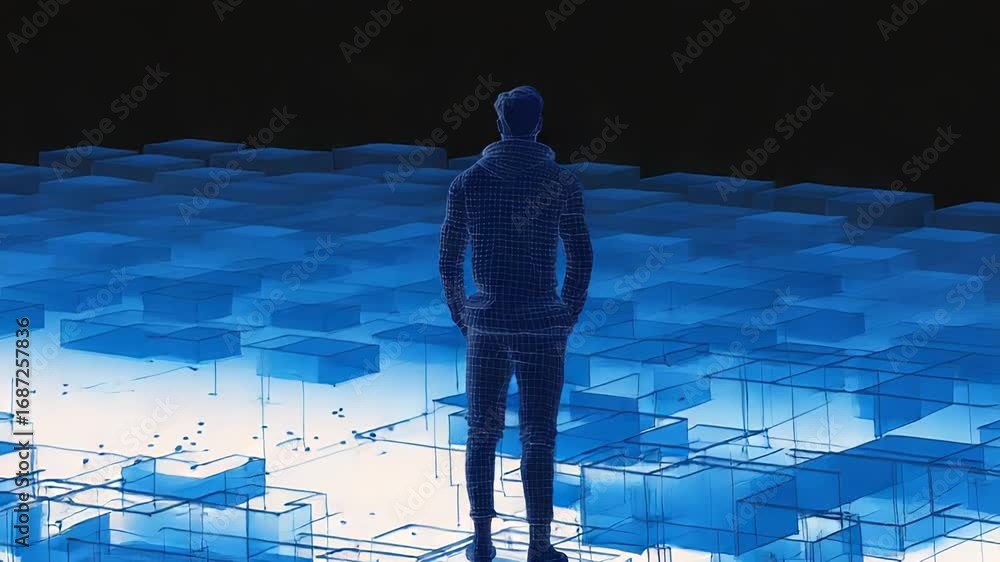 Poster software engineer analyzing futuristic cyberspace grid of data blocks
