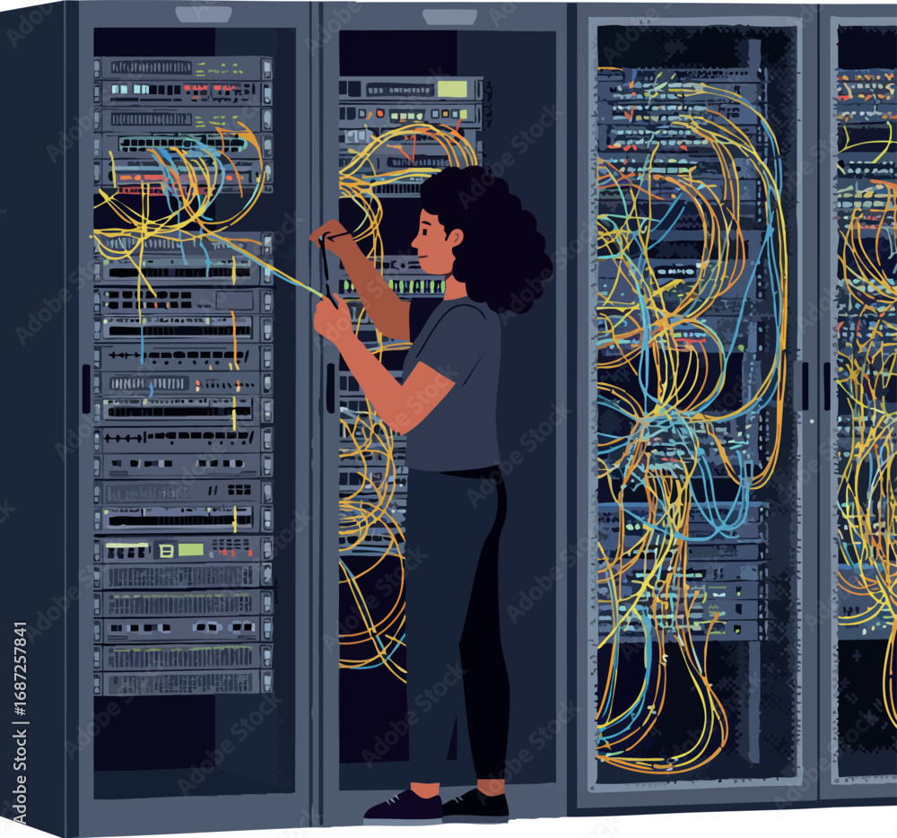 Aufkleber woman working with server racks and networking cables in data center technology environment vector i
