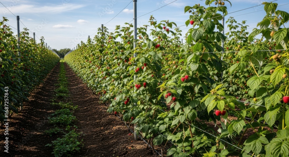 Leinwandbilder medium angle of rows of raspberry bushes trained on vertical wire frames emphasizing organized struc