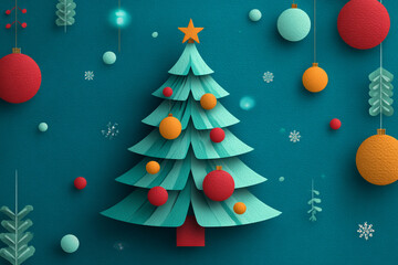 Festive teal paper Christmas tree with red and orange ornaments snowflakes and leaves