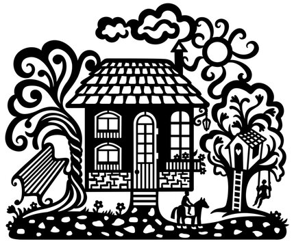 Black and white picture solid ready-made design for laser cutting.
 Fairytale house on the street. Tree house and swing.rest entertainment walk.