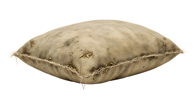 FARMING - Vintage burlap sack pillow with rough texture and rustic appearance, perfect for farmhouse or rustic decor themes