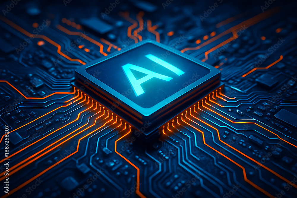 Poster a close-up of a glowing ai computer chip with the letters ai, with vibrant orange circuit traces on 