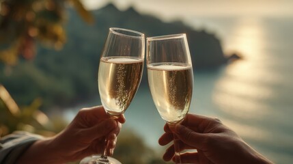 Celebration with Toasting Glasses Against Scenic Ocean Background