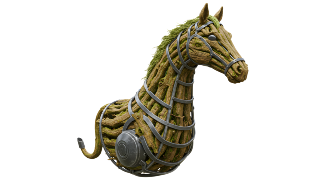 FARMING - Wooden horse sculpture in medieval armor with detailed metal straps and shield, isolated on white background, perfect for fantasy and history themes - Powered by Adobe