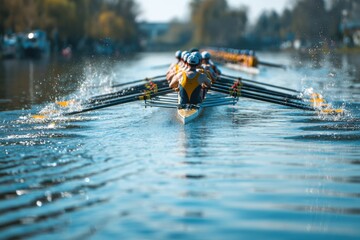 Rowing Crew in Synchronization on Calm Water During Bright Daylight