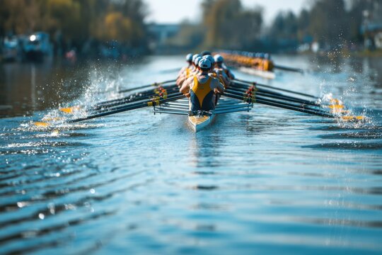 Rowing Crew in Synchronization on Calm Water During Bright Daylight