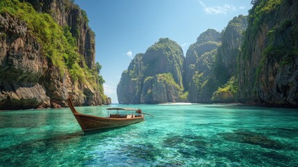 Obraz premium Scenic Tropical Lagoon with Traditional Boat Surrounded by Cliffs