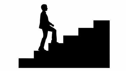 Silhouette of a person in a suit climbing a staircase with multiple steps against a white background view