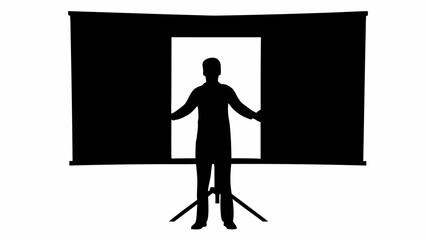 Silhouette of a person standing in front of a projector screen with arms outstretched in a dark room