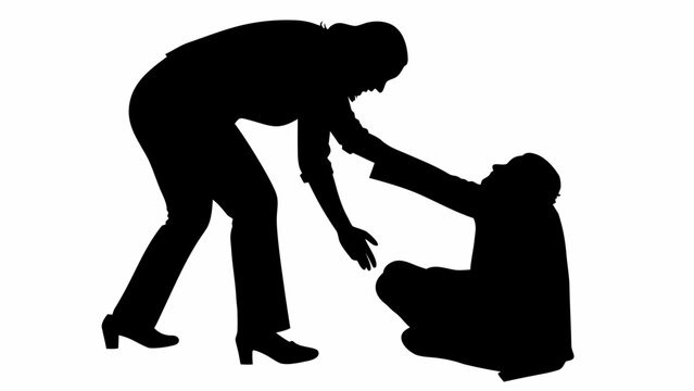 Silhouette of a woman reaching out to a seated person offering assistance and support in black and white