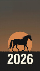 Numbers 2026 with a horse silhouette with copyspace for text, concept of chinese zodiac, astrology, new year greeting cards. Modern minimalist typography