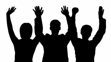Silhouette of three people with raised hands in a black and white image against a white background view