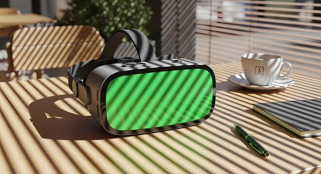 A virtual reality headset with a green screen sits on a sunlit wooden table next to a cup of coffee and a notebook.