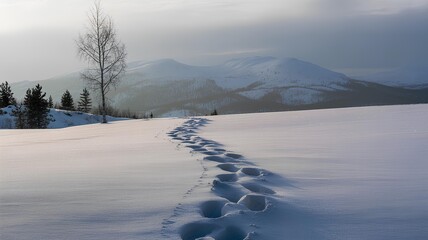 Snowy path through winter landscape with pristine mountains, frozen trees, and sunlight reflecting on white snow, serene nature scene, tranquil wilderness, adventure trail, hiking, outdoor exploration