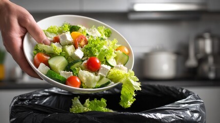 A hand discards a plate of salad into a black trash bin, highlighting food waste and the importance of mindful consumption.