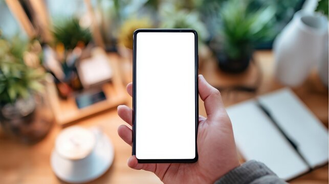 Hand Holding Blank Smartphone Screen on Wooden Table Surrounded by Plants