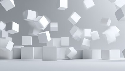 Obraz premium Abstract 3D scene of many white cubes, some suspended in mid-air, against a light gray backdrop. A sense of motion and dynamism is evoked