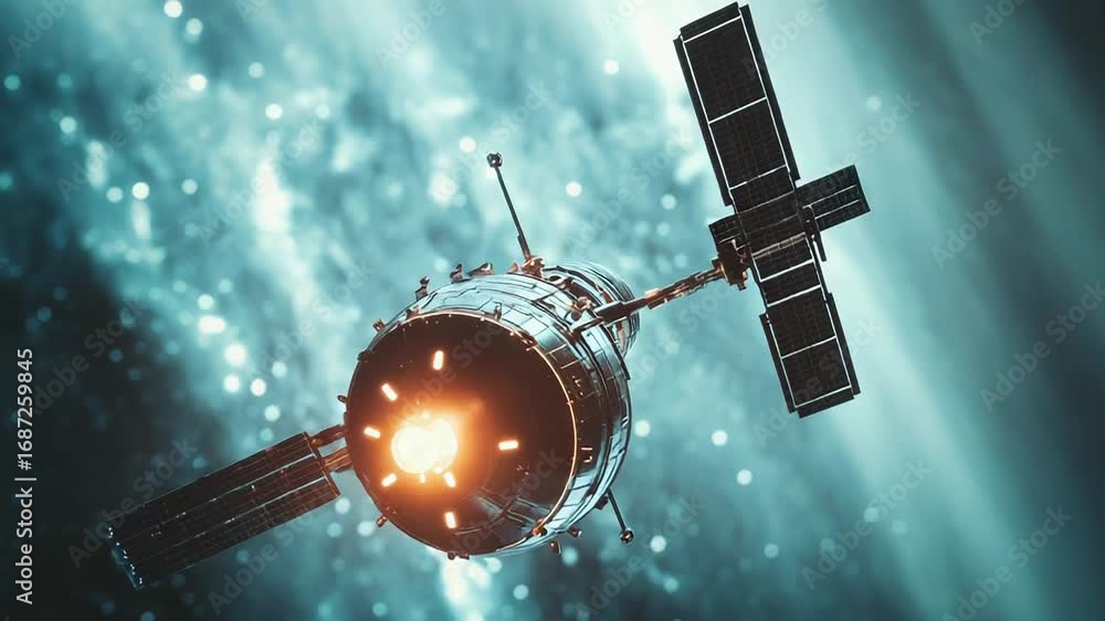 Poster spaceship floating in deep space with solar panels deploying