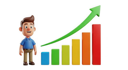 Cartoon businessman amazed by rapid business growth chart and upward trend arrow transparent background