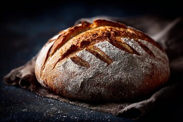 Closeup of a freshly baked loaf of sourdough bread on a dark background