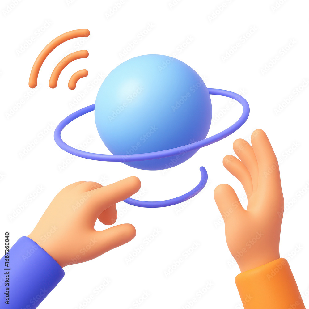 Poster touchless invention concept. Hands reaching for a rotating blue planet-like object.